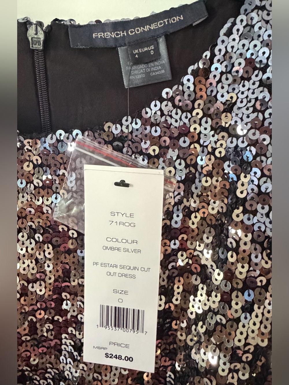 French Connection Estari Sequin Cut-Out Dress Mini Dress Black & Silver Size 0 - Picture 3 of 3